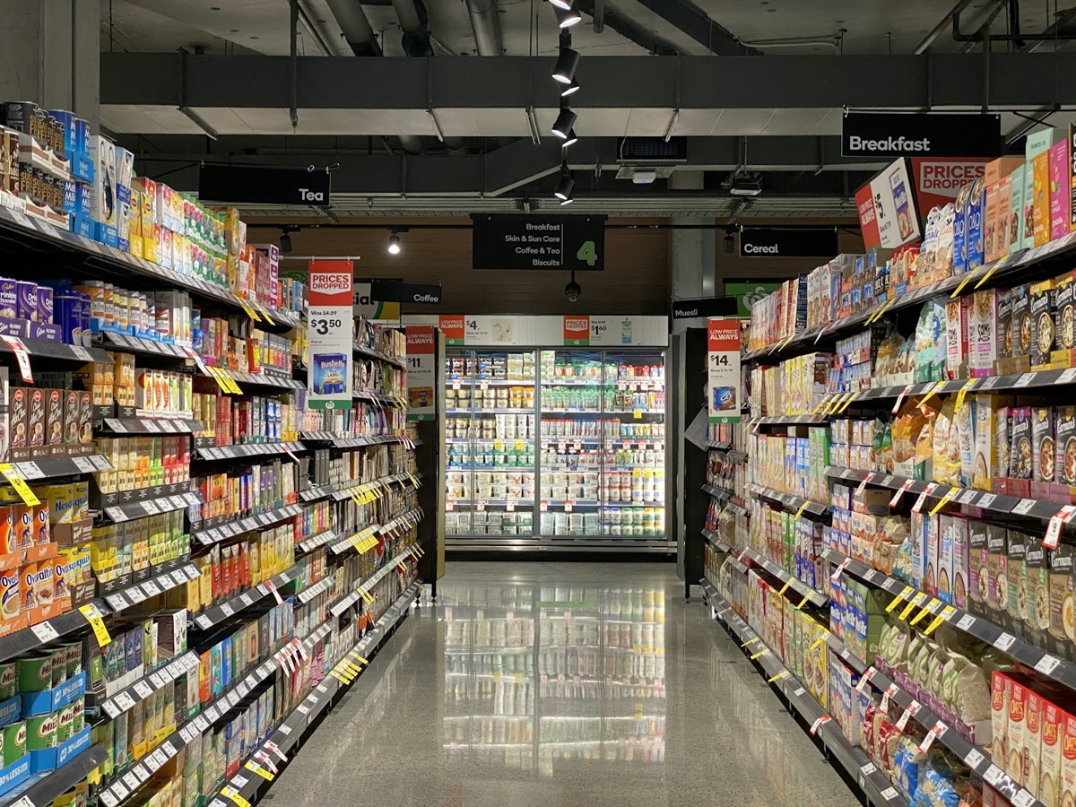 Grocery shelves with everyday essentials